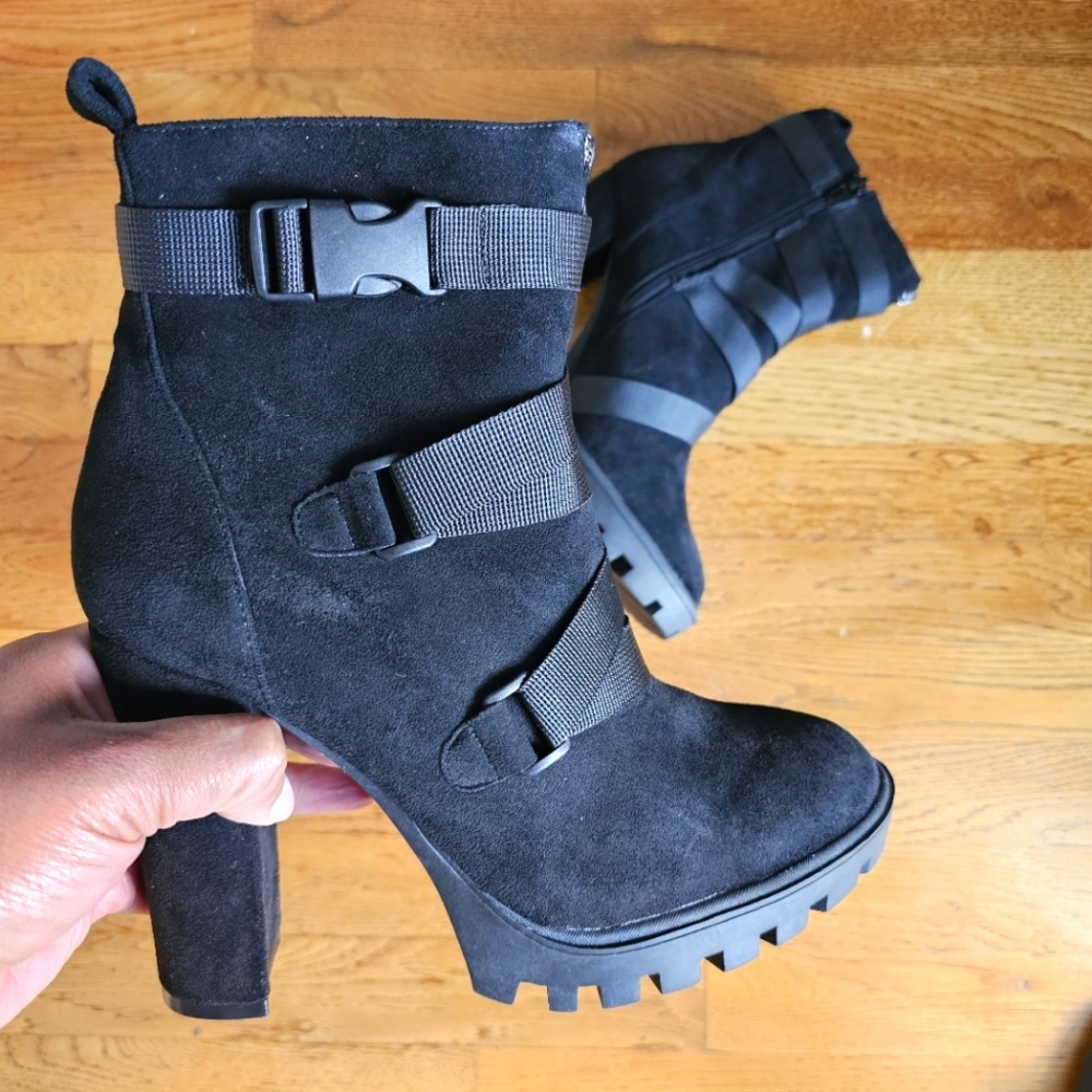 NEW! Shoe Republic LA Faux Suede Criss Cross Block Heel Boot